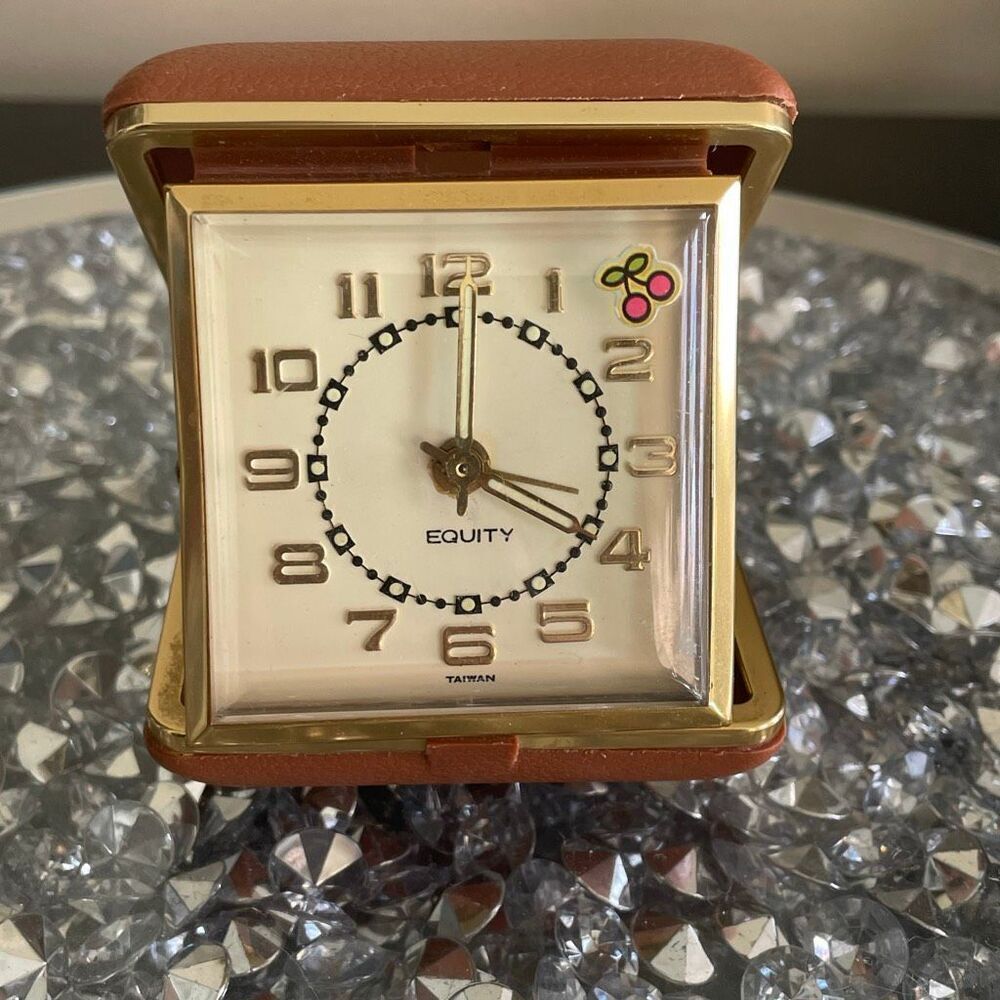 Vintage old Taiwan Equity Folding Travel Alarm Clock Illuminated Hands Wind Up